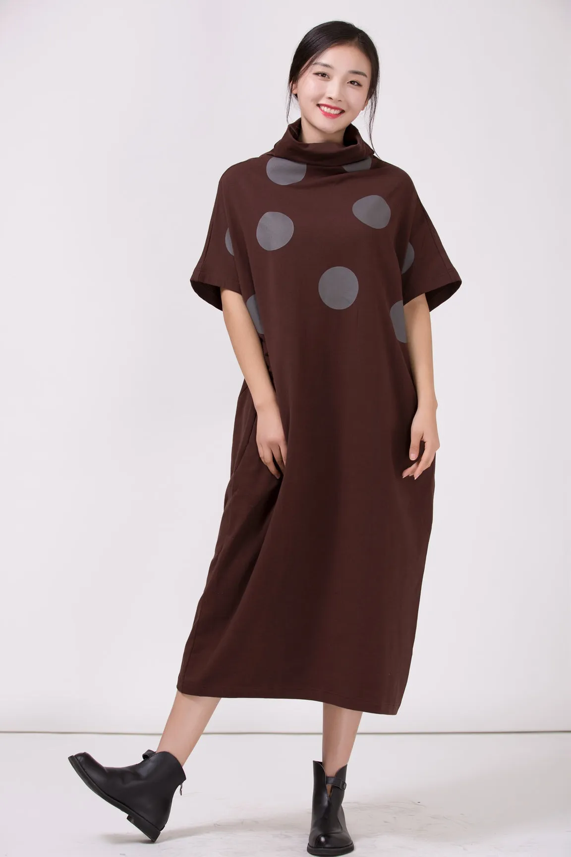 Women Turtleneck Polka Dots Casual Loose Dress