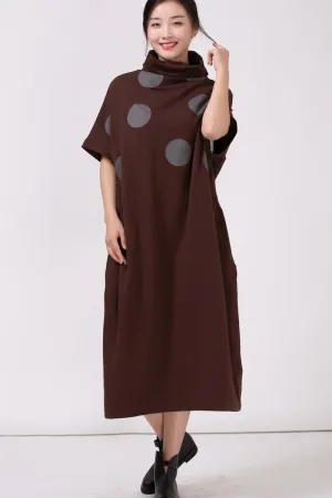 Women Turtleneck Polka Dots Casual Loose Dress