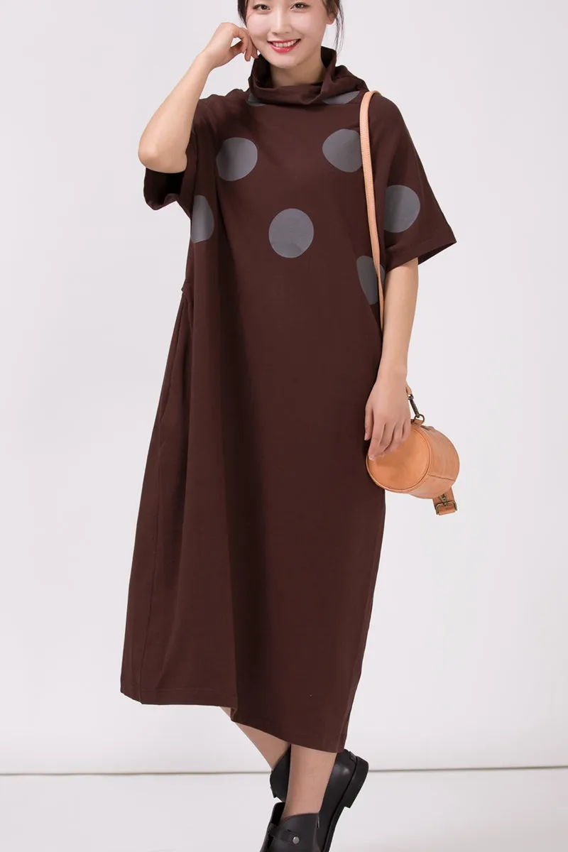 Women Turtleneck Polka Dots Casual Loose Dress