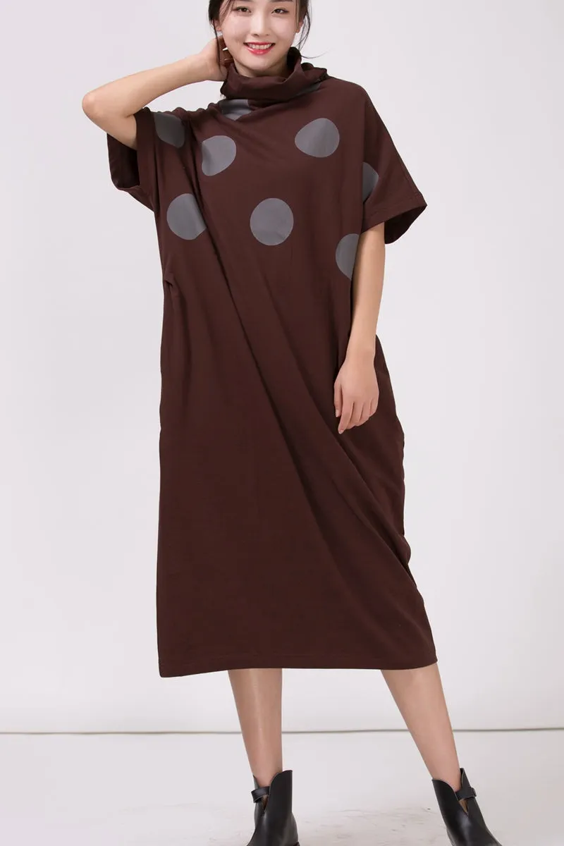 Women Turtleneck Polka Dots Casual Loose Dress