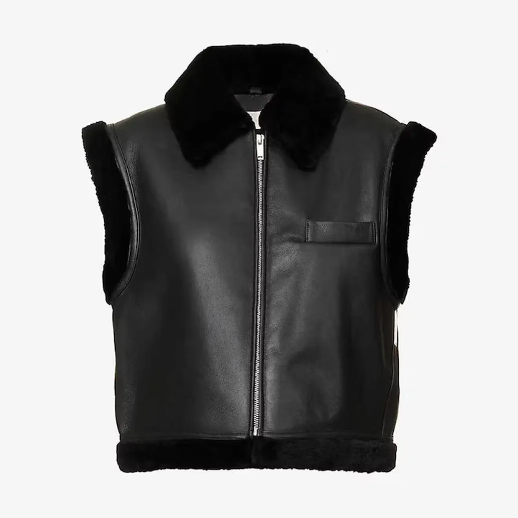 Women's Black Shearling B3 Bomber Vest - Vintage Designer Motorcycle Aviator Style