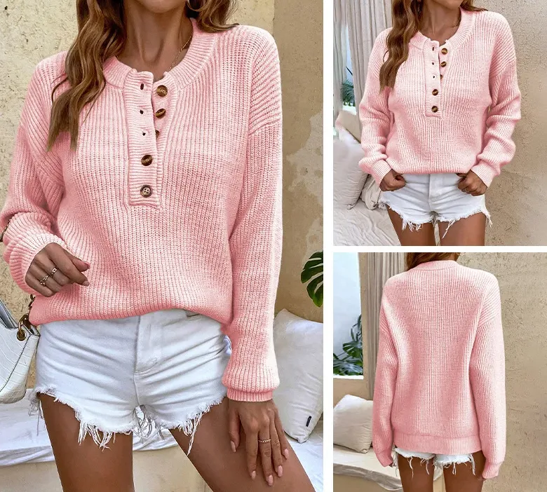 Women's Casual Knit Pullover with Buttons – Fall Must-Have 🍁