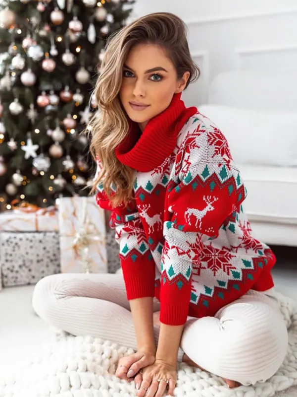 Women’s Christmas Print Casual Fit Large Turtleneck Jumper