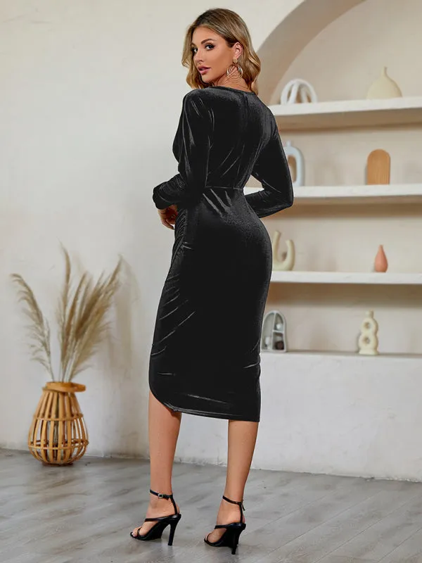 Women's Elegant Velvet Long Sleeve Dress With Front Wrap Detail