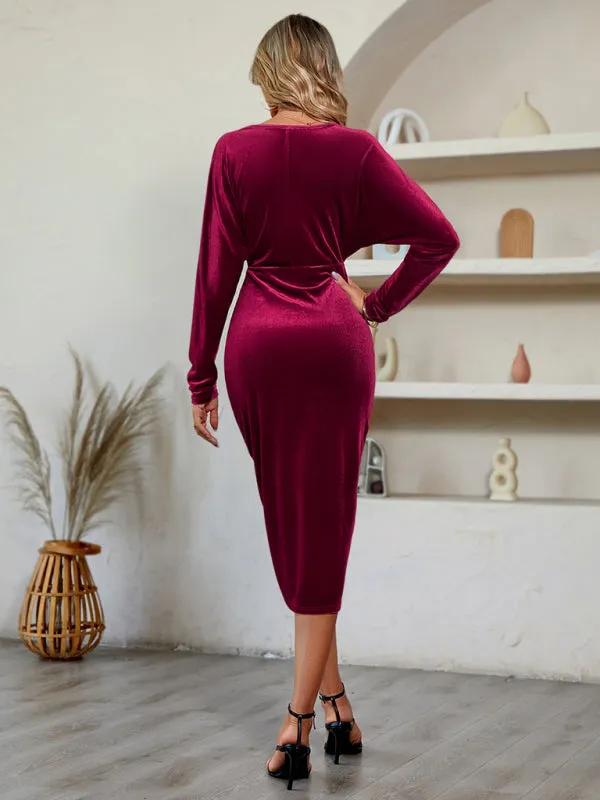 Women's Elegant Velvet Long Sleeve Dress With Front Wrap Detail