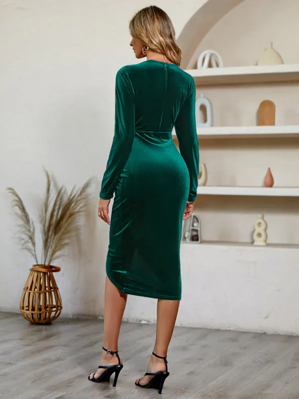 Women's Elegant Velvet Long Sleeve Dress With Front Wrap Detail