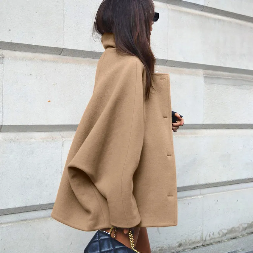 Women's Fashionable Brown Wool Blend Batwing Sleeve Coat with Lapel Collar