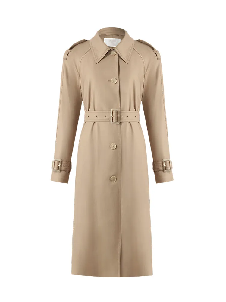 Worsted Wool Lapel Women Trench Coat With Belt