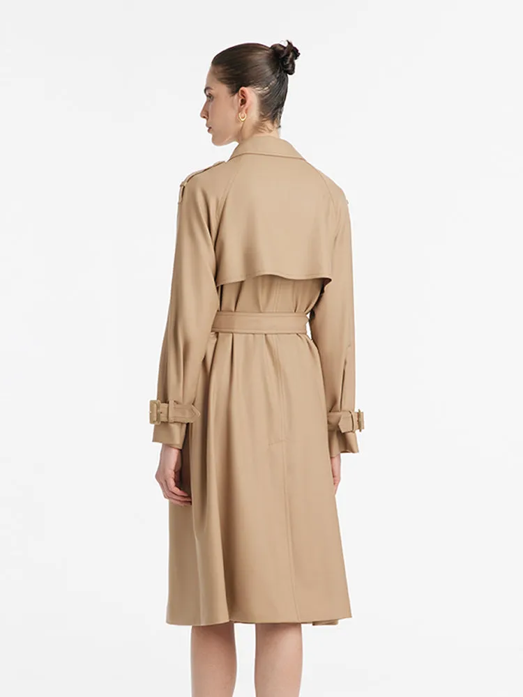 Worsted Wool Lapel Women Trench Coat With Belt