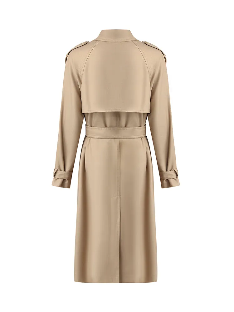 Worsted Wool Lapel Women Trench Coat With Belt